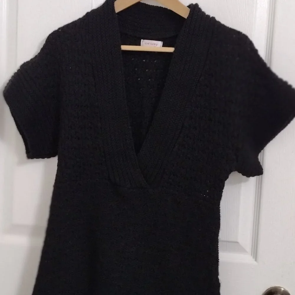 Orsay Black Knit Sweater Top Large V-Neck Short Sleeve Textured Soft Cozy - Picture 4 of 9